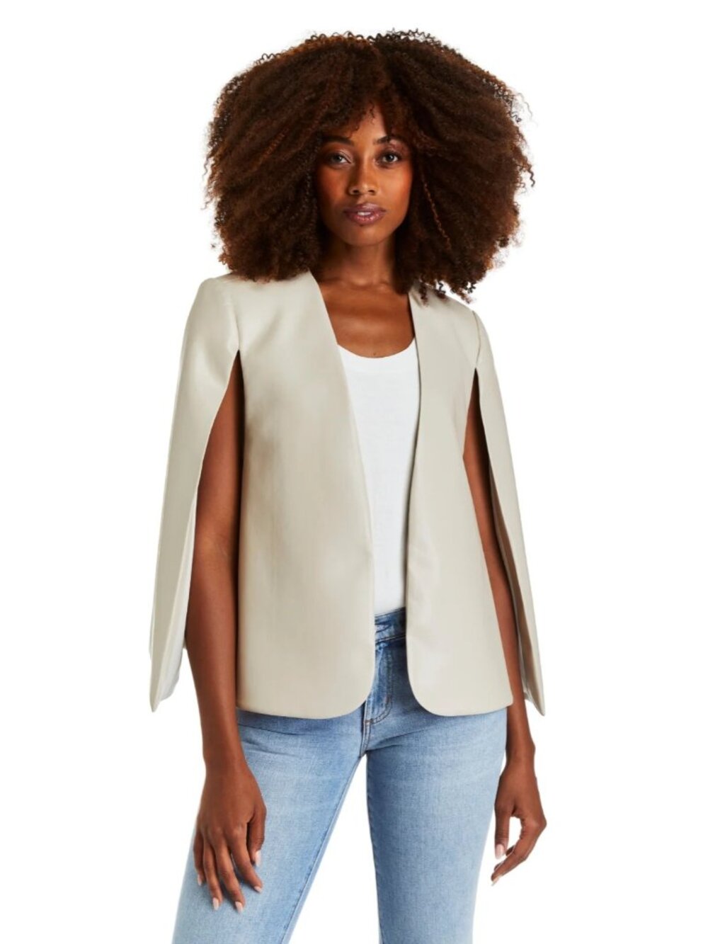 DREW Faux Leather Aria Cape Jacket Beige XS